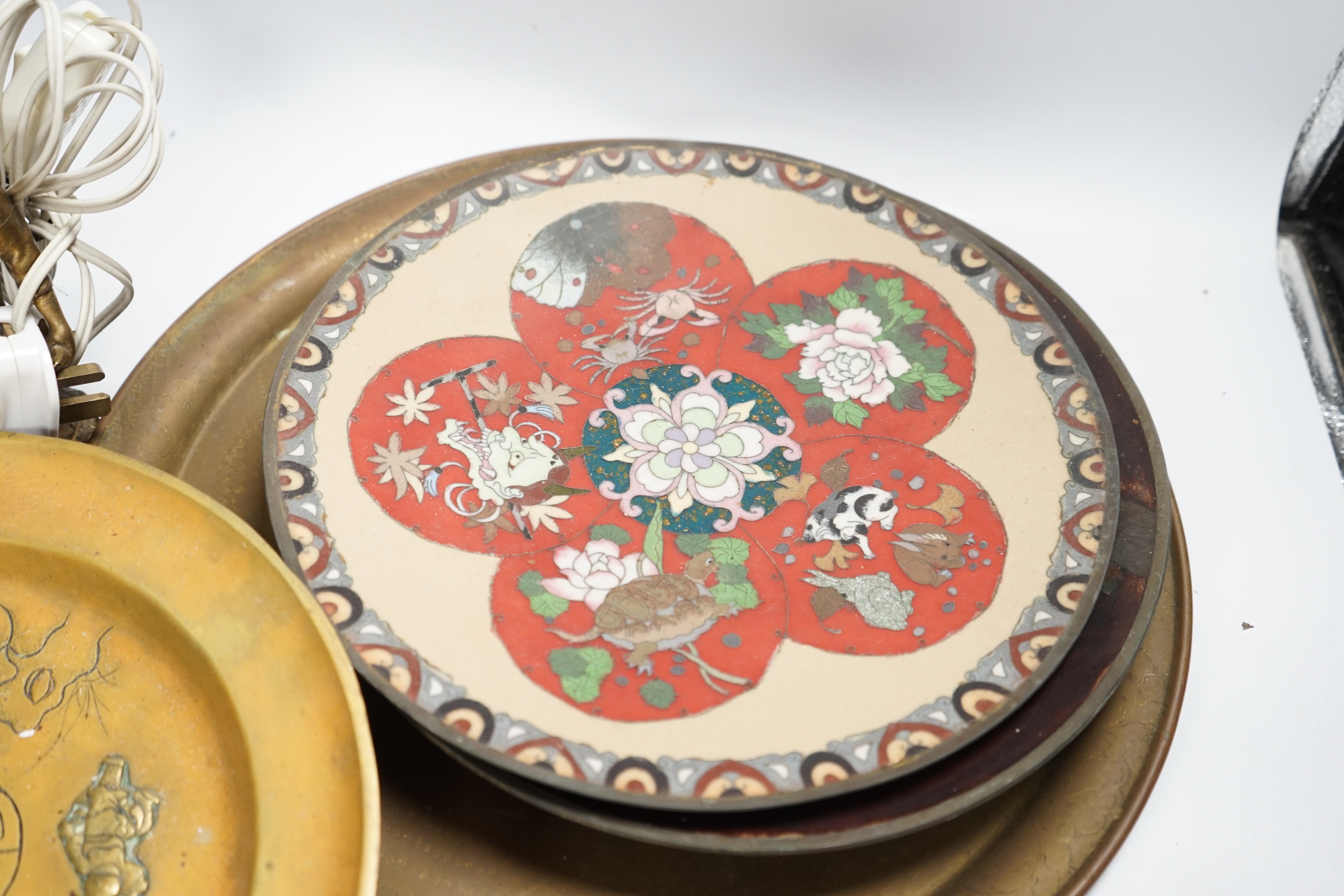 A Japanese cloisonné enamel dish, another similar dish, a Chinese mixed metal dish and a figural lamp etc
